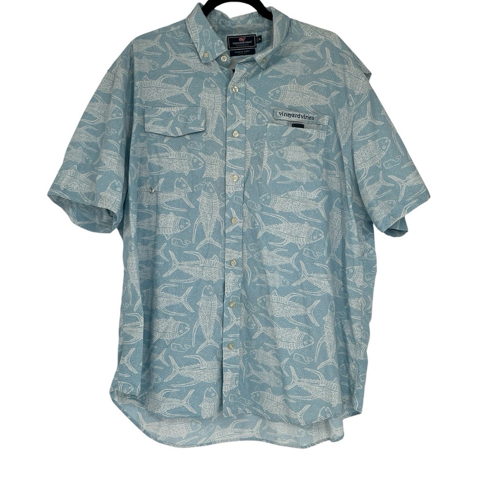 Vineyard Vines Sz XL Harbor Shirt Fish Print Performance Short Sleeve Fishing